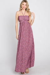 Purple Floral Sweetheart Neck Back Cutout Maxi Dress