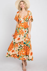 Multi-Color Floral Ruffle Sleeve Back Cutout Midi Dress