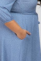 Blue Ribbed Polka Dot Waist Tie Plus Midi Dress