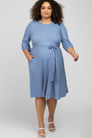 Blue Ribbed Polka Dot Waist Tie Maternity Plus Midi Dress