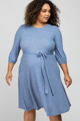 Blue Ribbed Polka Dot Waist Tie Maternity Plus Midi Dress