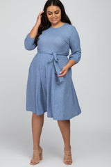 Blue Ribbed Polka Dot Waist Tie Maternity Plus Midi Dress