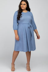 Blue Ribbed Polka Dot Waist Tie Plus Midi Dress