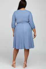 Blue Ribbed Polka Dot Waist Tie Plus Midi Dress