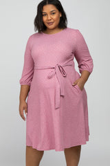 Mauve Ribbed Polka Dot Waist Tie Maternity Plus Midi Dress