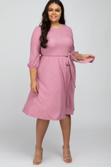 Mauve Ribbed Polka Dot Waist Tie Maternity Plus Midi Dress