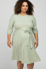 Mint Green Ribbed Polka Dot Waist Tie Maternity Plus Midi Dress