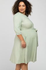 Mint Green Ribbed Polka Dot Waist Tie Maternity Plus Midi Dress