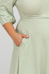 Mint Green Ribbed Polka Dot Waist Tie Maternity Plus Midi Dress