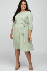 Mint Green Ribbed Polka Dot Waist Tie Maternity Plus Midi Dress