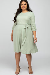 Mint Green Ribbed Polka Dot Waist Tie Plus Midi Dress