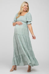 Mint Animal Print Smocked Tiered Maternity Maxi Dress