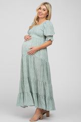 Mint Animal Print Smocked Tiered Maternity Maxi Dress