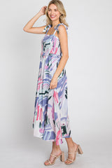 Lavender Multi-Colored Stroke Print Smocked Midi Dress