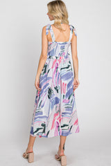 Lavender Multi-Colored Stroke Print Smocked Midi Dress