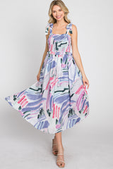 Lavender Multi-Colored Stroke Print Smocked Midi Dress