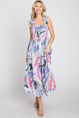 Lavender Multi-Colored Stroke Print Smocked Midi Dress