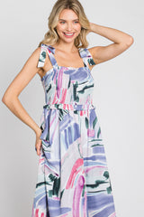 Lavender Multi-Colored Stroke Print Smocked Midi Dress