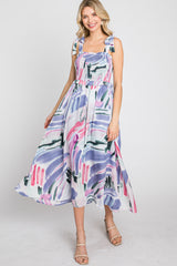 Lavender Multi-Colored Stroke Print Smocked Midi Dress