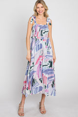 Lavender Multi-Colored Stroke Print Smocked Midi Dress