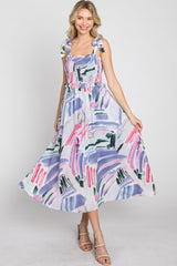 Lavender Multi-Colored Stroke Print Smocked Midi Dress