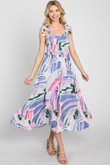 Lavender Multi-Colored Stroke Print Smocked Midi Dress