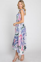 Lavender Multi-Colored Stroke Print Smocked Midi Dress