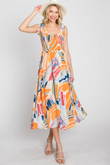 Blue Multi-Colored Stroke Print Smocked Midi Dress