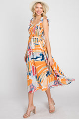 Blue Multi-Colored Stroke Print Smocked Midi Dress