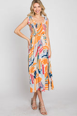 Blue Multi-Colored Stroke Print Smocked Midi Dress