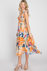 Blue Multi-Colored Stroke Print Smocked Midi Dress