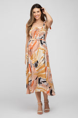 Multi-Colored Stroke Print Smocked Tie Strap Maternity Midi Dress