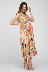 Multi-Colored Stroke Print Smocked Tie Strap Maternity Midi Dress