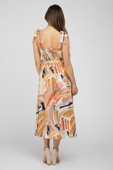 Multi-Colored Stroke Print Smocked Tie Strap Maternity Midi Dress