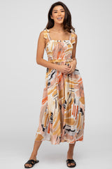 Multi-Colored Stroke Print Smocked Tie Strap Maternity Midi Dress