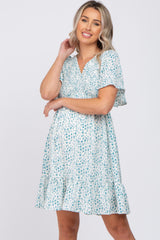 Teal Printed Smocked Maternity Dress