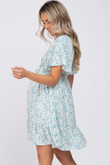 Teal Printed Smocked Maternity Dress