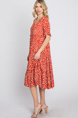 Orange Spotted Button Front Tiered Midi Dress