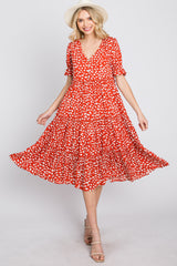 Orange Spotted Button Front Tiered Midi Dress