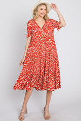 Orange Spotted Button Front Tiered Midi Dress