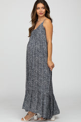 Black Chevron Striped Ruffle Hem Maternity Maxi Dress