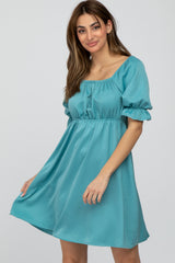 Teal Satin Square Neck Maternity Dress