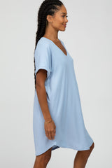 Light Blue Ribbed V-Neck Cuffed Sleeve Round Hem Maternity Dress