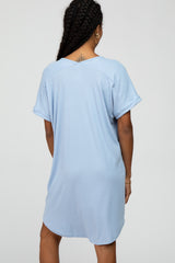 Light Blue Ribbed V-Neck Cuffed Sleeve Round Hem Maternity Dress