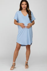 Light Blue Ribbed V-Neck Cuffed Sleeve Round Hem Maternity Dress