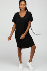 Black Ribbed V-Neck Cuffed Sleeve Round Hem Maternity Dress