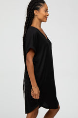 Black Ribbed V-Neck Cuffed Sleeve Round Hem Dress