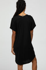 Black Ribbed V-Neck Cuffed Sleeve Round Hem Dress