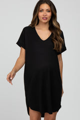 Black Ribbed V-Neck Cuffed Sleeve Round Hem Maternity Dress