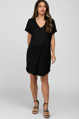 Black Ribbed V-Neck Cuffed Sleeve Round Hem Maternity Dress